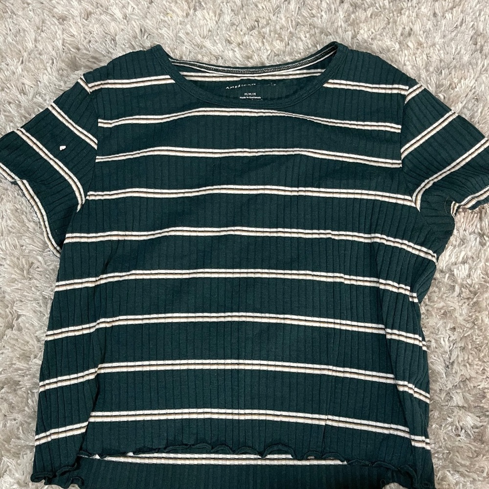 American Eagle Green and White Striped T-Shirt